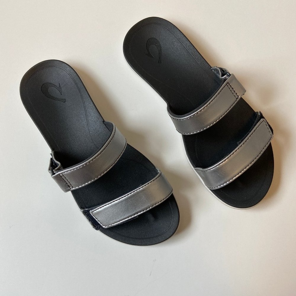 OluKai Metallic Silver Two-Strap Slide Sandals